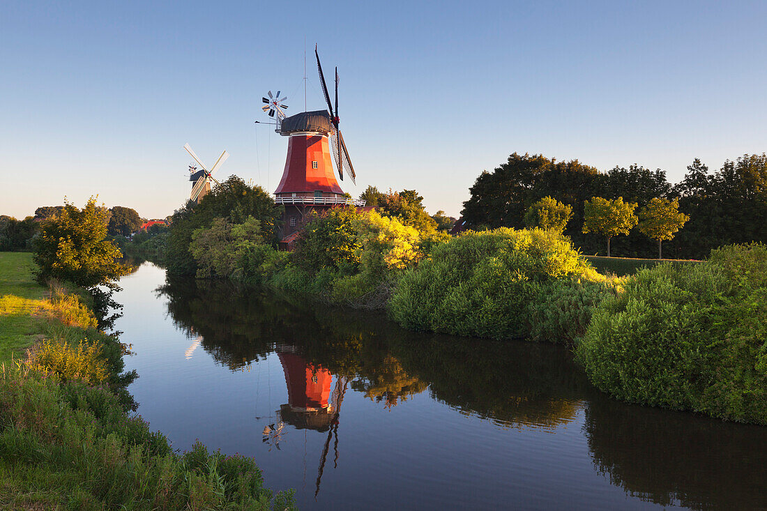 Twin windmills, Greetsiel, East Friesland, Lower Saxony, Germany