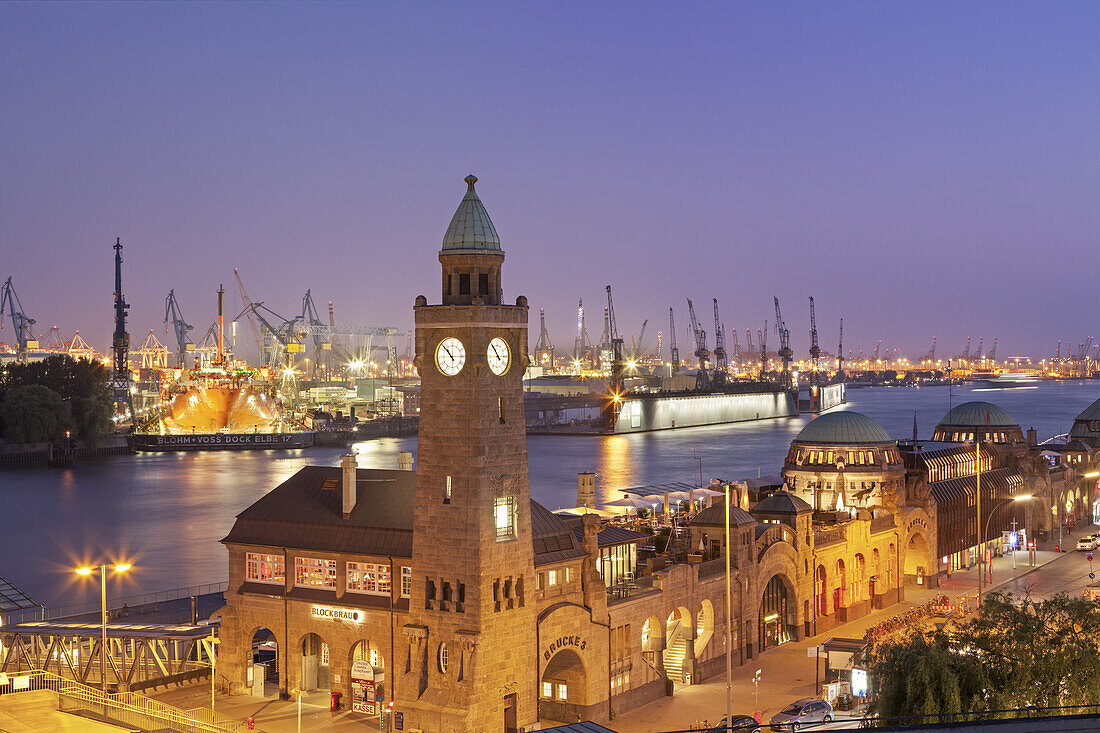 Jetties St. pauli-Landungsbrücken with tower Pegelturm, in the background port of Hamburg, Hanseatic City Hamburg, Northern Germany, Germany, Europe