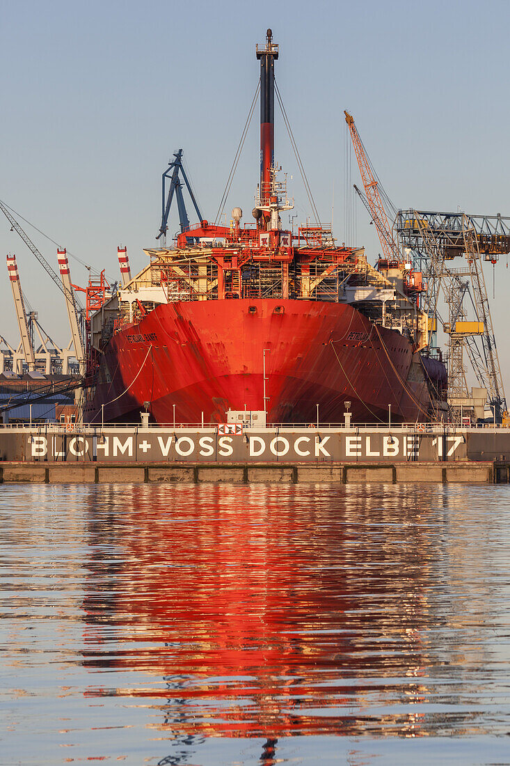 Blick von St.-Pauli-Landungsbrücken auf Hamburger Hafen mit Dock Blohm + Voss Elbe 17, Hansestadt Hamburg, Norddeutschland, Deutschland, Europa