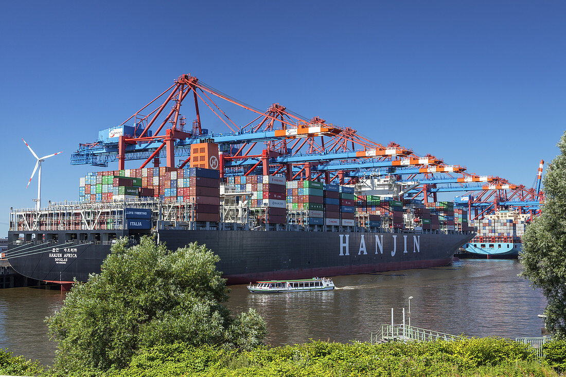 Containerschiffe im Containerterminal Waltershof im Hamburger Hafen, Hansestadt Hamburg, Norddeutschland, Deutschland, Europa