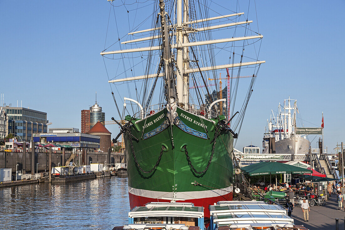 Sailing ship Rickmer Rickmers next to St. Pauli Landungsbrücken, Hanseatic City Hamburg, Northern Germany, Germany, Europe