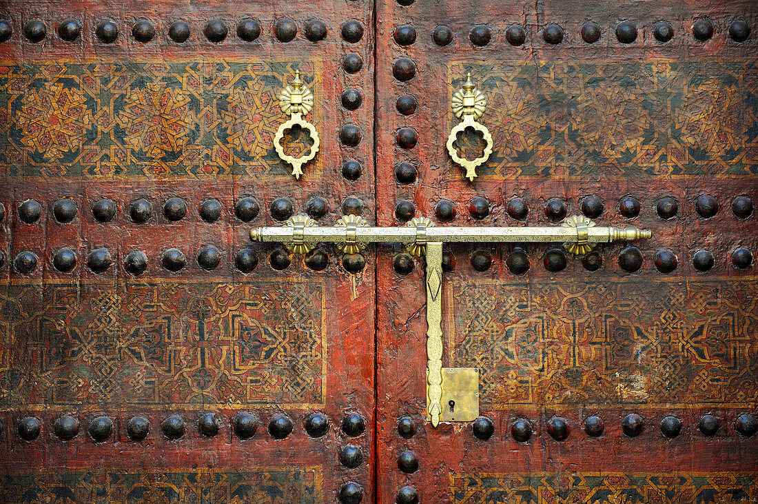 Morocco, Middle Atlas, Fez, Imperial City, Fez El Bali, medina listed as World Heritage by UNESCO, Zaouia funerary mosque of Sidi Ahmed Tijani, detail of a door