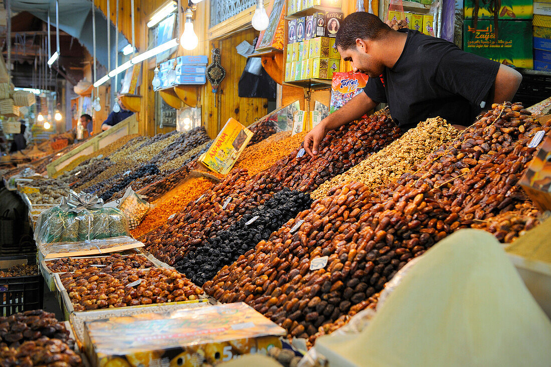 Morocco, Meknes Tafilalet Region, Meknes, Imperial City, medina listed as World Heritage by UNESCO, El Hedime covered market, stalls with dried fruits