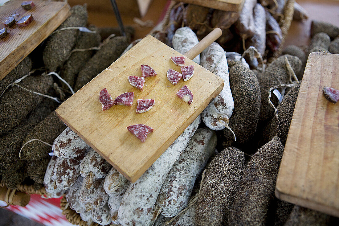 France, Gard, La Roque sur Ceze, labelled Les Plus Beaux Villages de France (The Most Beautiful Villages of France), handcrafted products market, cooked meats