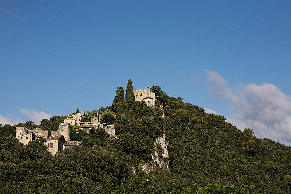 Frankreich, Gard, La Roque sur Cèze, etikettiert Die Schönsten Dörfer Frankreichs (Die schönsten Dörfer von Frankreich), ein Schloss und eine Kapelle vom 11. Jahrhundert mit Blick auf das Dorf von einem Felsen