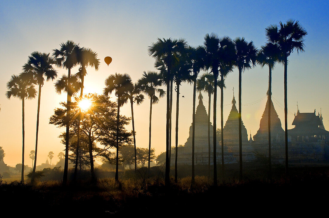 Myanmar (Burma), Mandalay Division, Bagan (Pagan), Old Bagan, hot-air balloon from Balloons company over Bagan flying over the archeological site of the former capital
