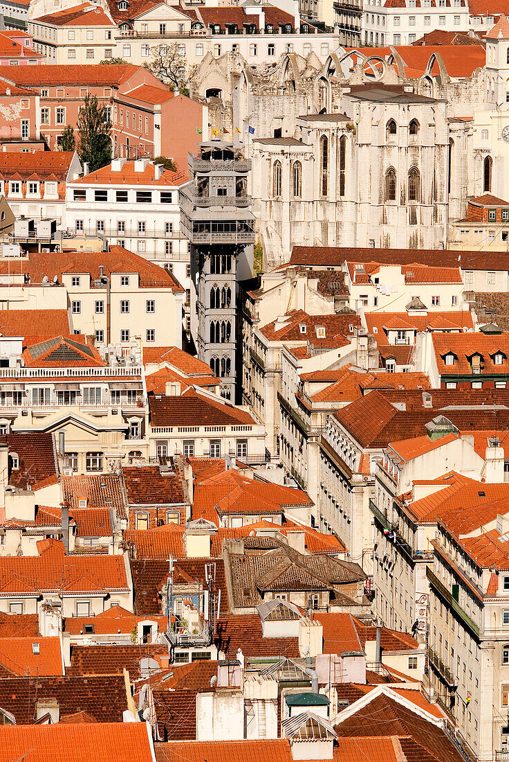 Portugal, Lisbon, Baixa District, Rua Santa Justa and the Elevador (outside elevator) seen from Castelo Sao Jorge (Saint George Castle)