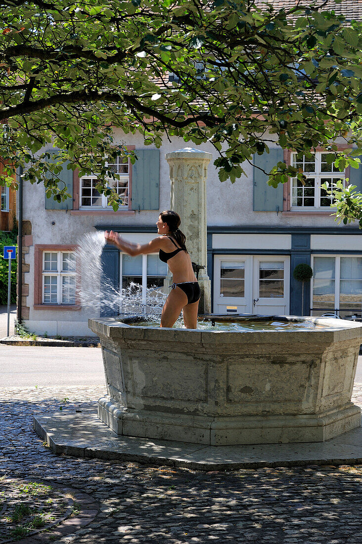 Switzerland, Basel, Old district Saint Alban, watergames in a fountain