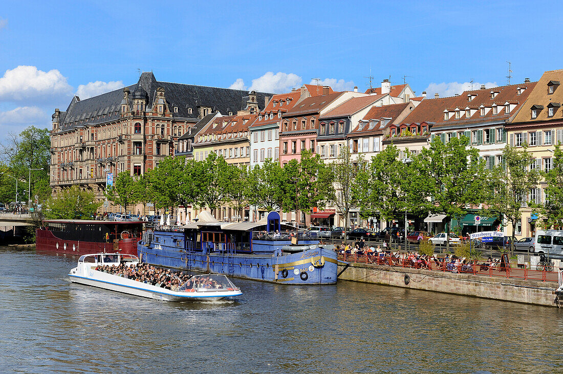 France, Bas Rhin, Strasbourg, new cafes boats on the Quai des Pecheurs on the banks of the Ill river