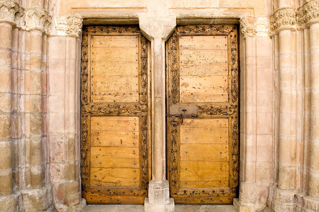 France, Lozere, Cevennes, Saint-Germain-de-Calberte, church of the 12th century, entrance door