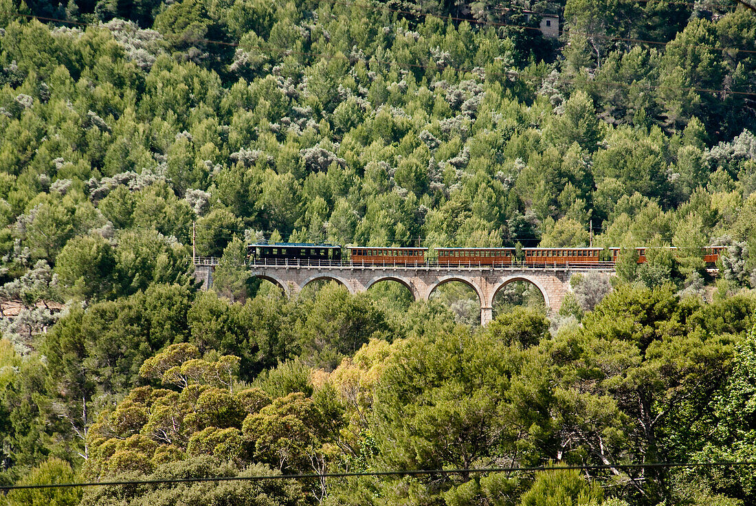 Spain, Balearic Islands, Majorca, Soller, the red Lightning train with wodden carriages dated 1912 links Palma de Majorca to Soller few times a day
