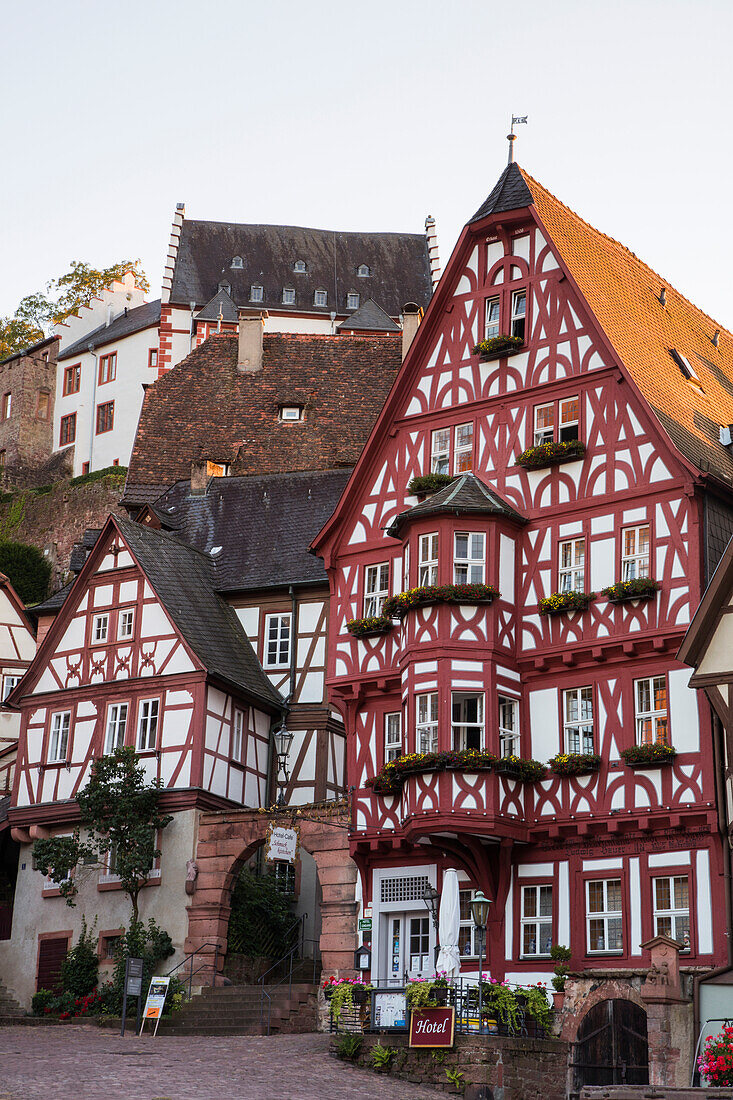 Half-timbered building of Hotel Cafe Schmuckkaestchen in Altstadt old town, Miltenberg, Spessart-Mainland, Bavaria, Germany