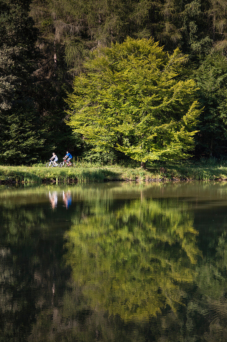 Woman and man ride bicycles on path along Aubachseen lakes, Habichsthal, Spessart-Mainland, Bavaria, Germany