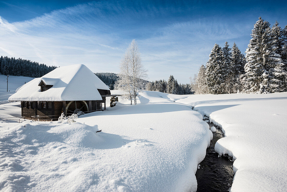 Mill in winter landscape, near Hinterzarten, Black Forest, Baden-Wuerttemberg, Germany