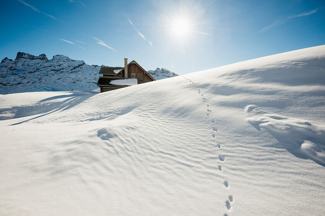 Traditional wooden chalet and snowy winter landscape, Melchsee-Frutt, Canton of Obwalden, Switzerland