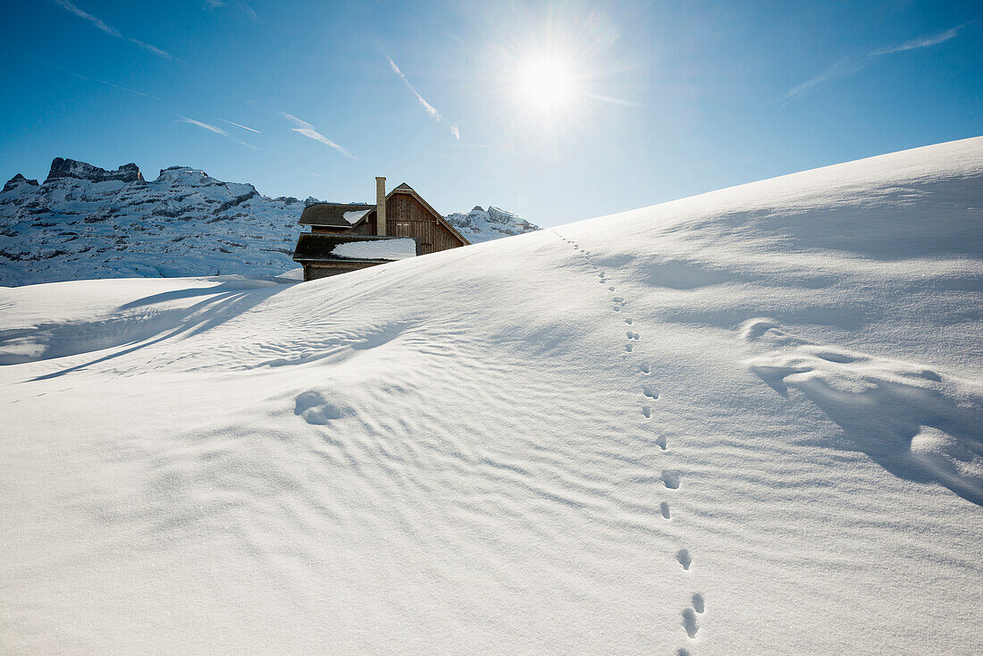 Traditionelles Holz-Chalet und verschneite Winterlandschaft, Melchsee-Frutt, Kanton Obwalden, Schweiz