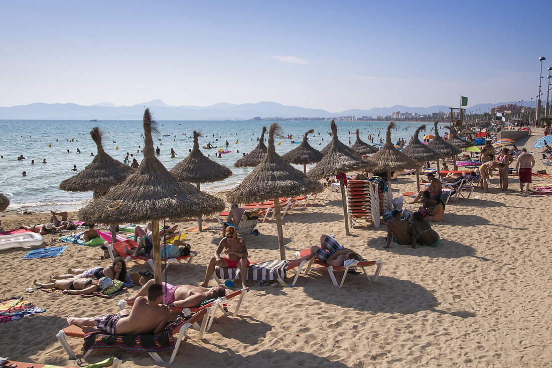 Menschen relaxen unter Sonnenschirmen aus Reet am Strand Playa s'Arenal, s'Arenal, nahe Palma, Mallorca, Balearen, Spanien