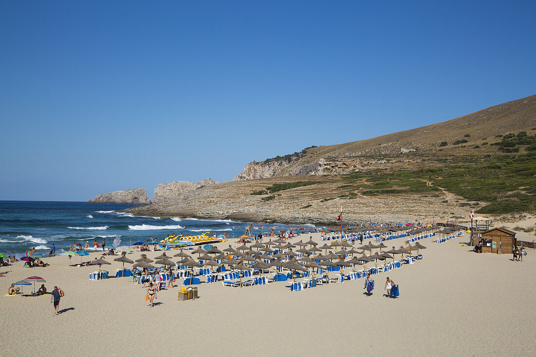 Overhead of people on Cala Mesquida beach, Cala Mesquida, Mallorca, Balearic Islands, Spain