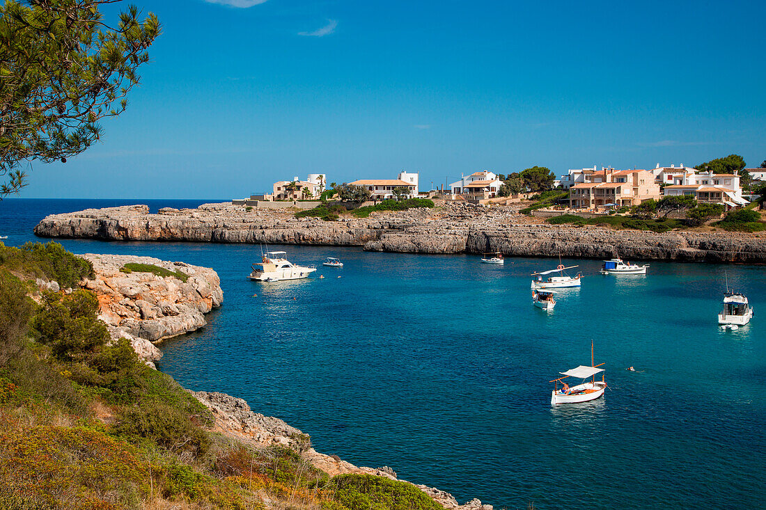 Boote und Häuser an Küste von Bucht, Portocolom, Mallorca, Balearen, Spanien