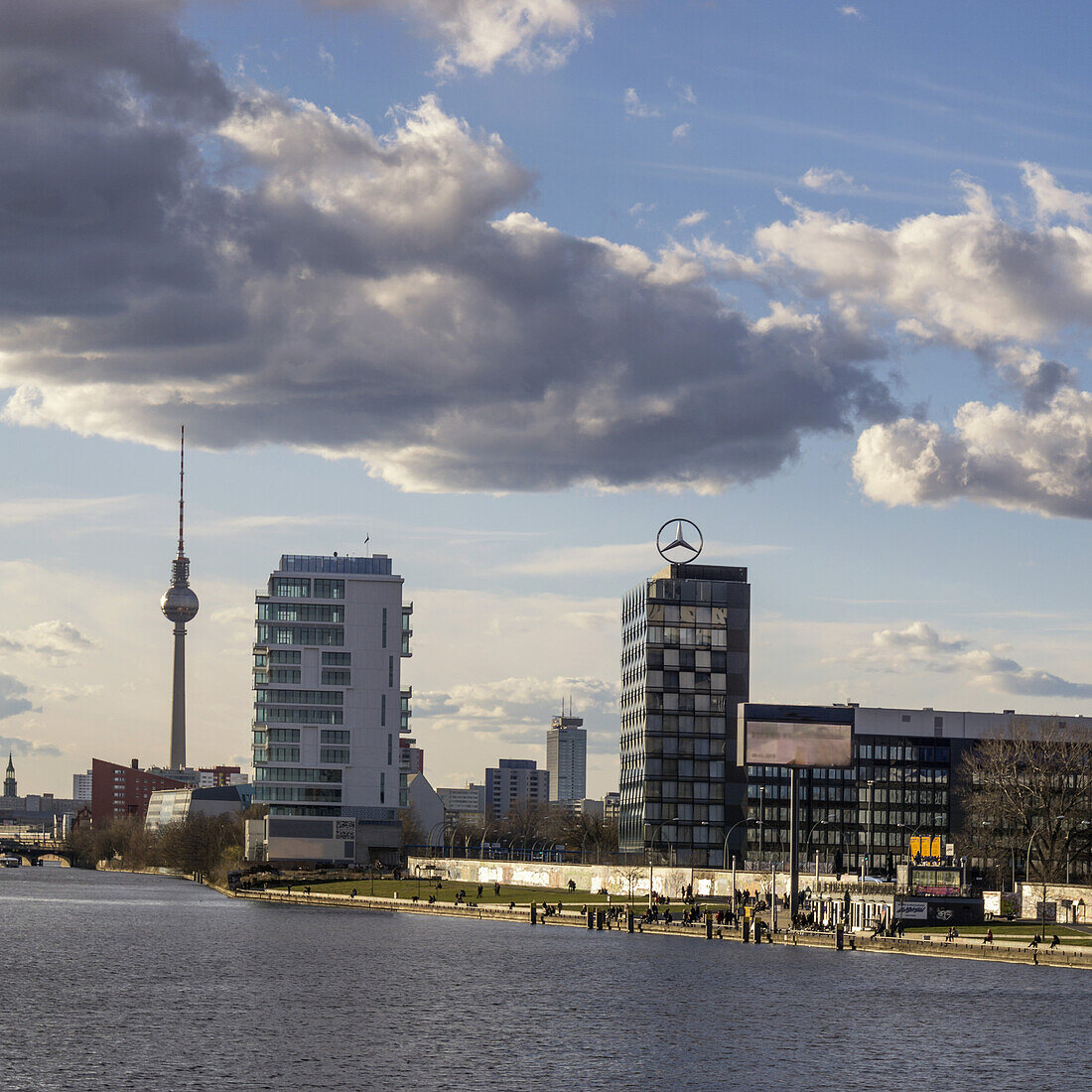 Panoramic View from Oberbaum Bridge to Friedrichshain, Alex TV Tower, Living Bauhaus , Mercedes, River Spree