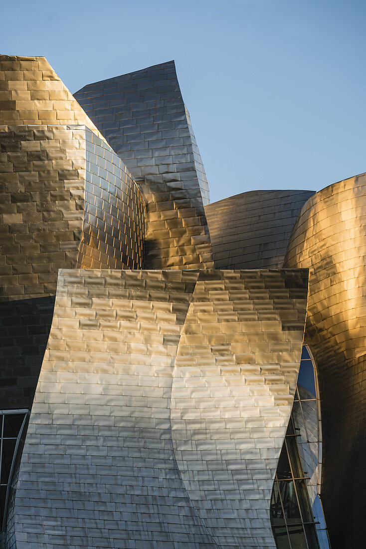 Guggenheim Museum Bilbao ,detail of  titan facade at sunset, museum of modern and contemporary art , architect Frank Gehry , Bilbao, Basque Country, Spain (editiorial only)