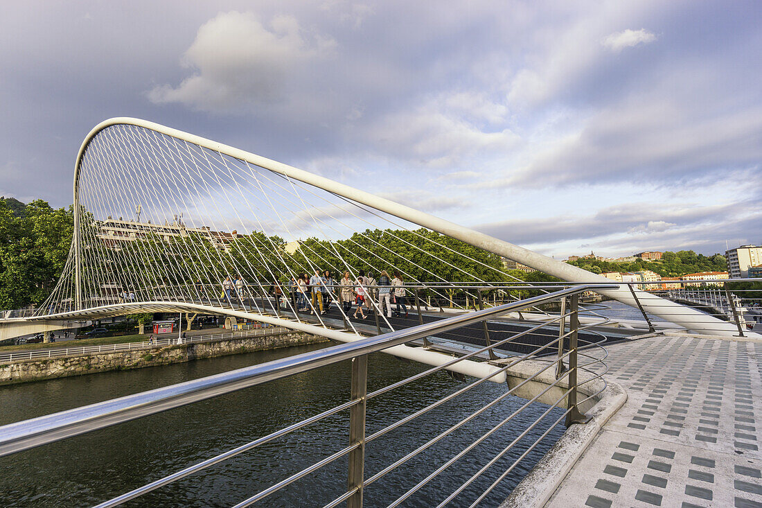 Zubizuri footbridge across Nervion River, Architect Santiago Calatrava, Campo Volantin Bridge,  Bilbao, Spain