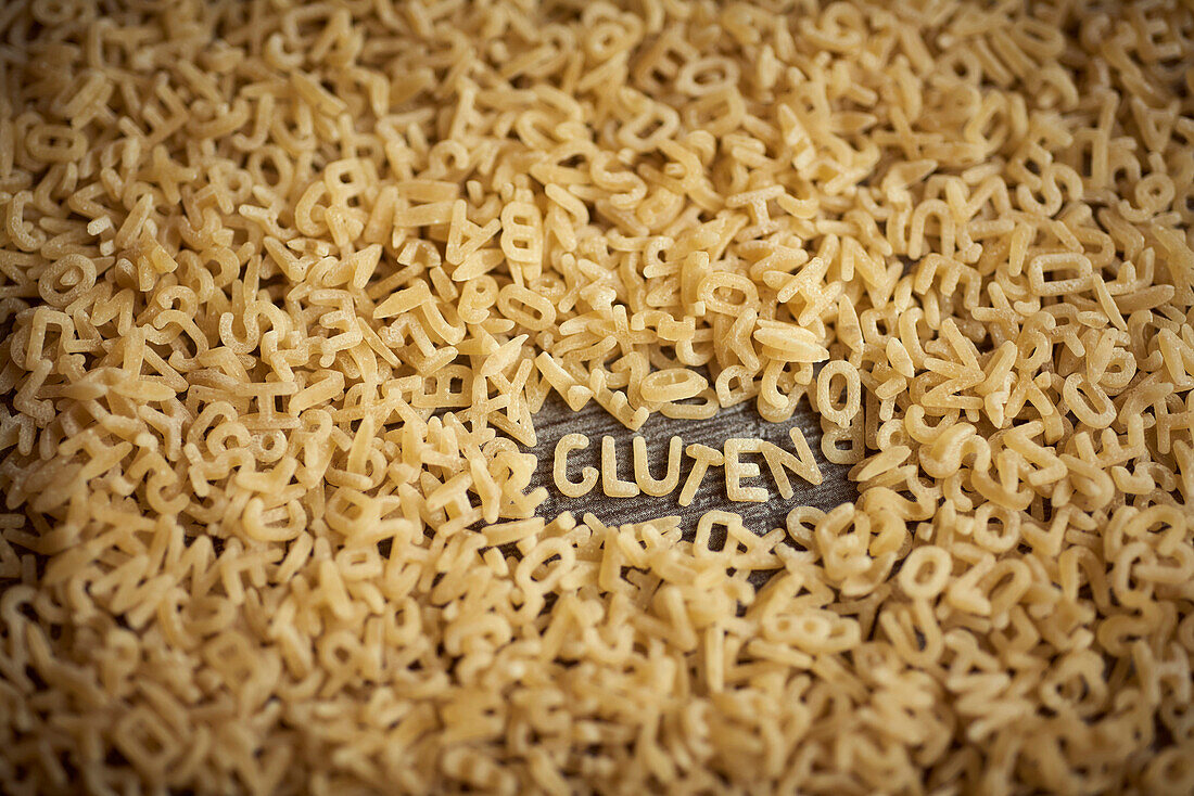 Alphabet noodles spelling gluten