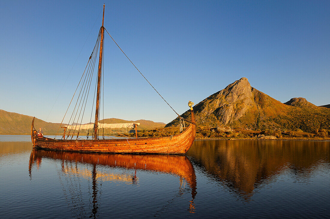 Norway, Nordland County, Lofoten Islands, Vestvagoy Island, Lofotr drakkar identically built on Borg Lake