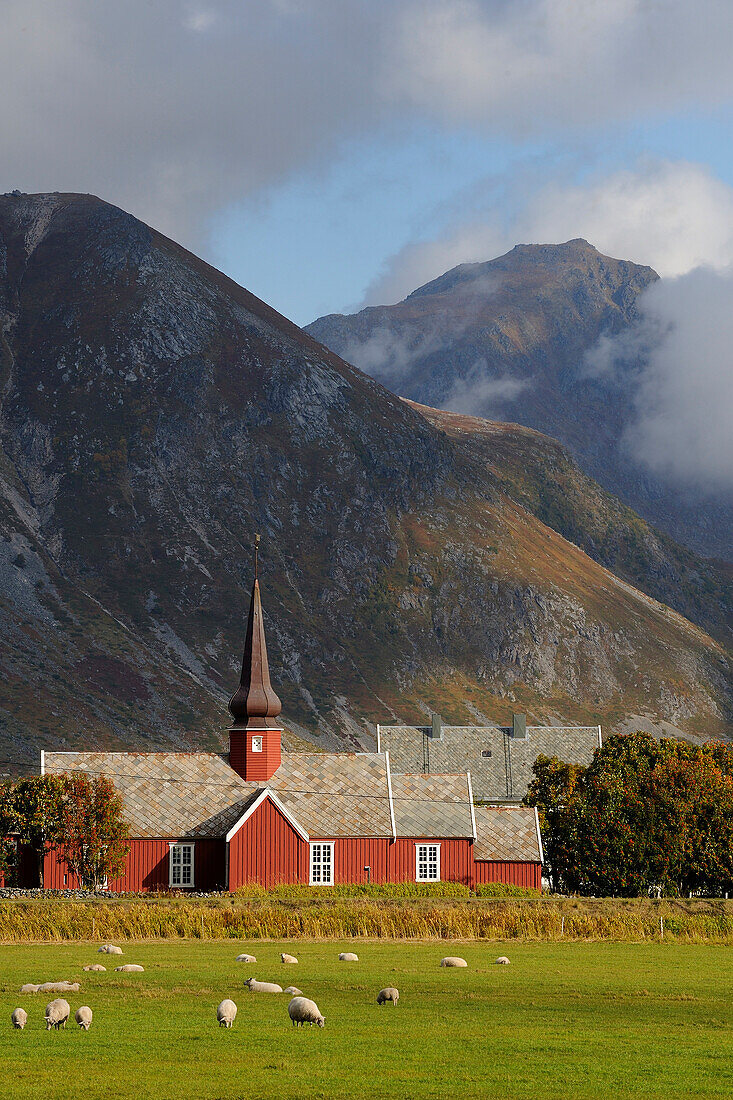 Norway, Nordland County, Lofoten Islands, Flakstadoy Island, Flakstad wooden church