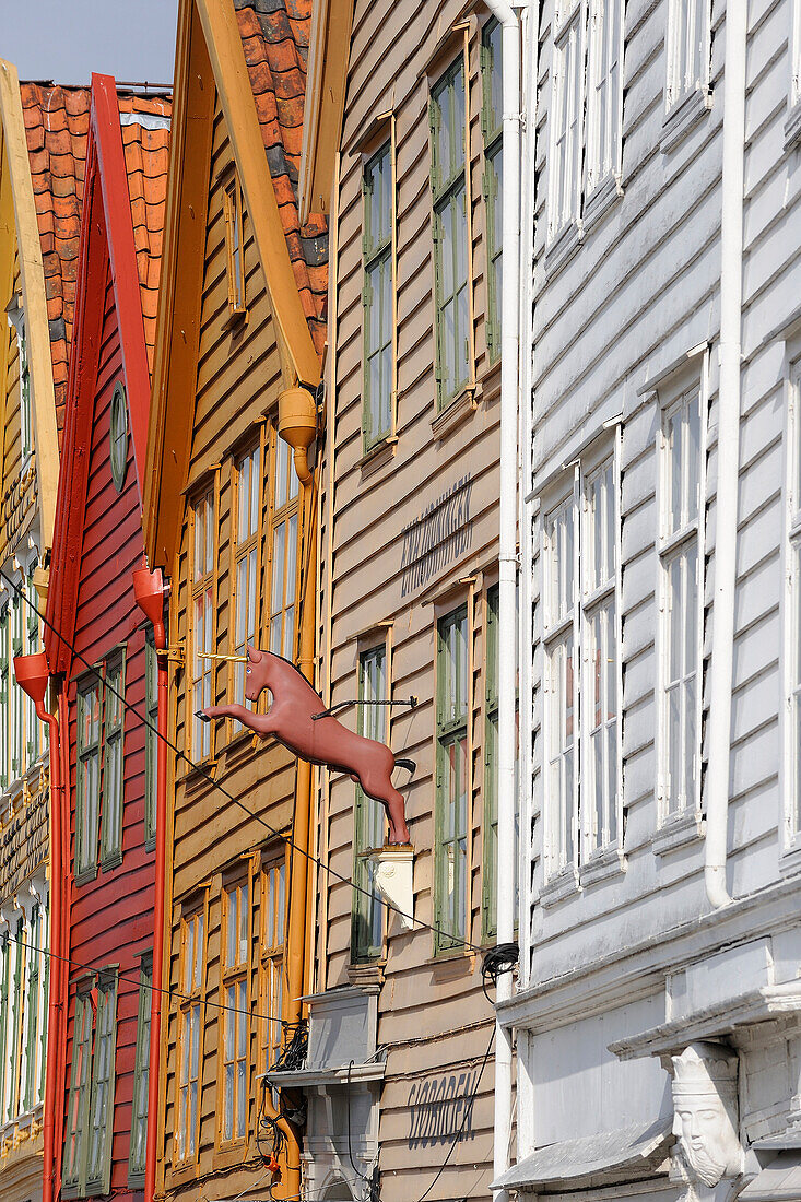 Norway, Hordaland County, Bergen, wooden houses in Bryggen District, listed as World Heritage by UNESCO, former trading post of the Hanseatic League