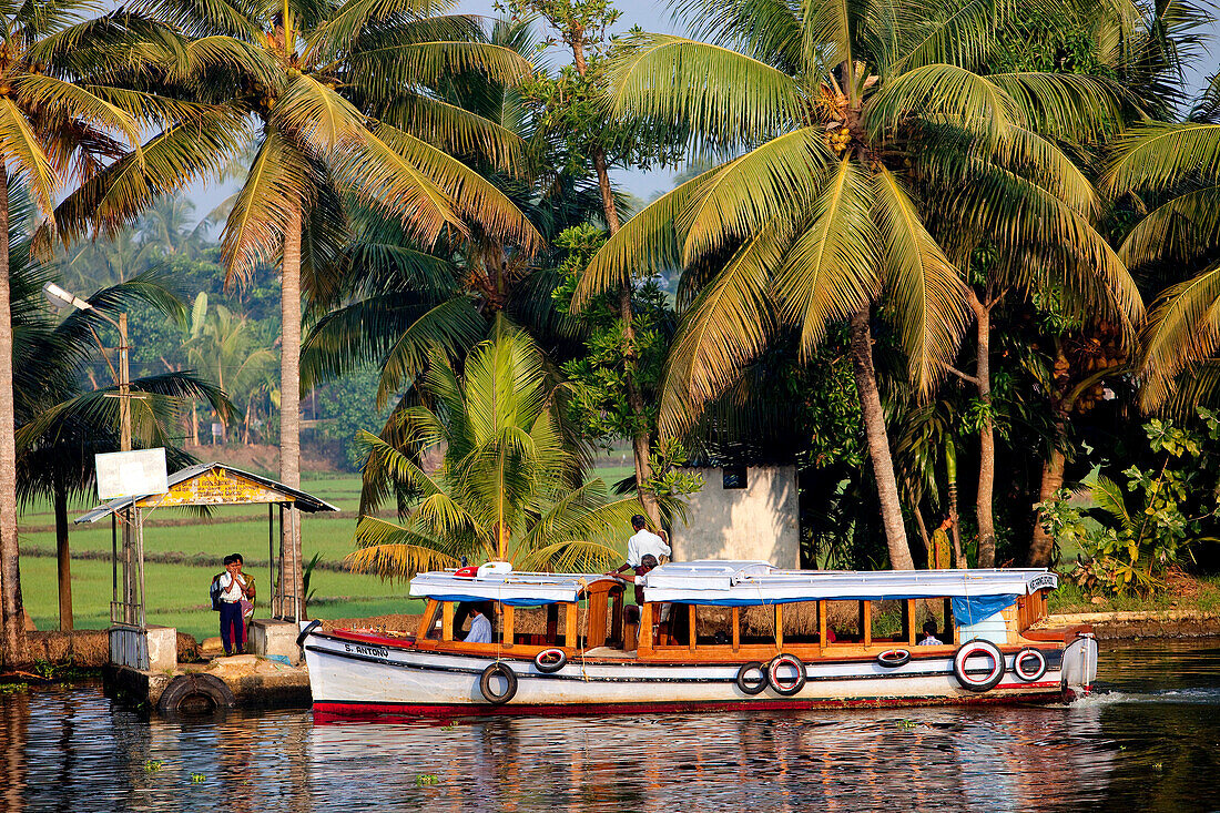 India, Kerala State, Allepey, the backwaters, a public ferry linking the villages along the canals