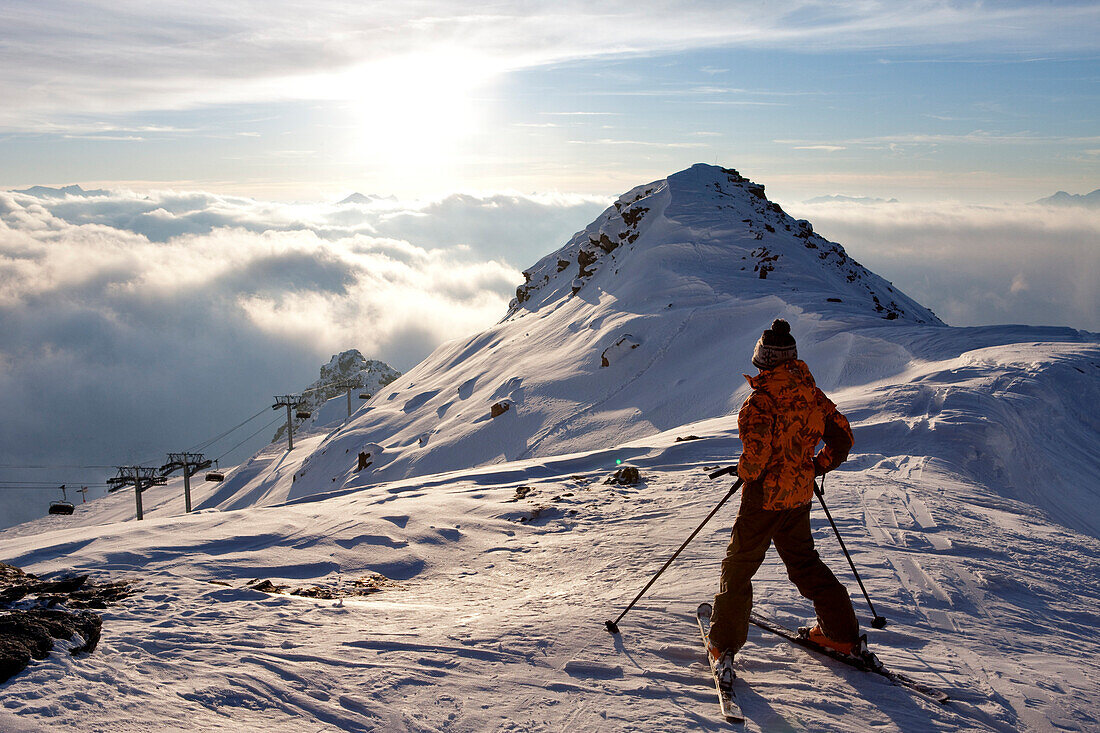 France, Savoie, Les Menuires, Meribel, Val Thorens, Mont de la Chambre ski lift and landscape from the Mont de la Chambre 2850m