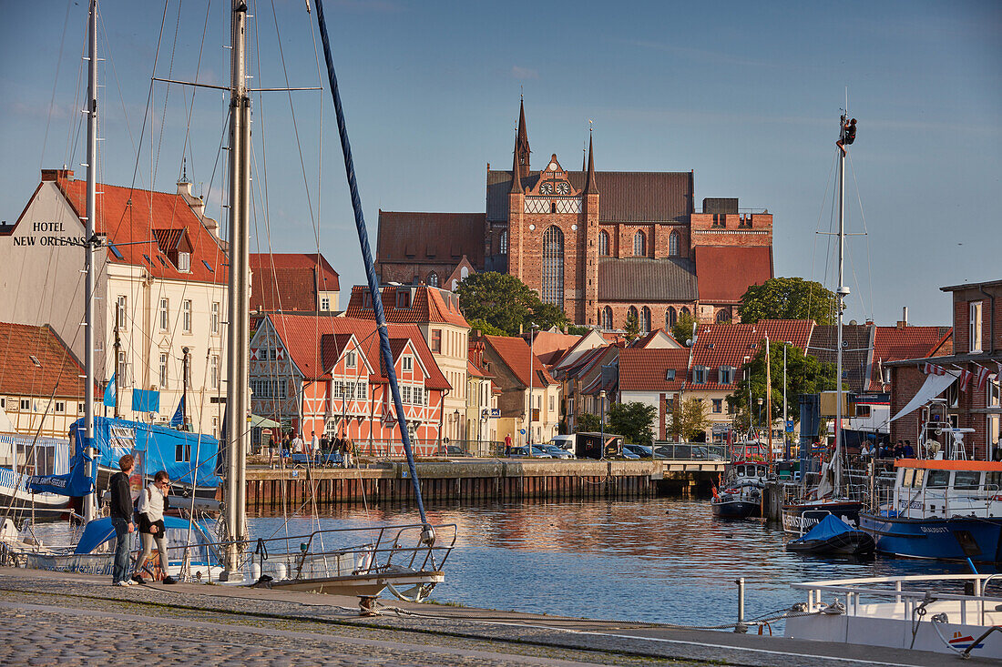 Old port in Wismar with St. George's Church, Georgenkirche in the background, Mecklenburg Vorpommern, Germany