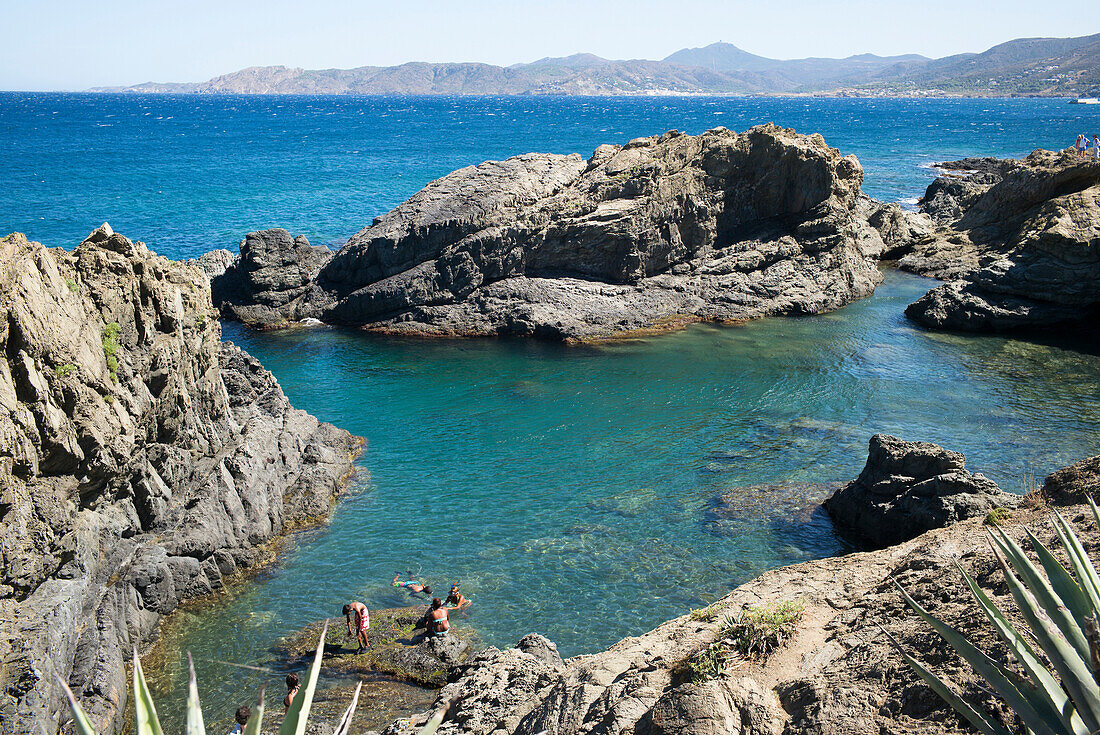 Schnorcheln an der Felsenküste, Cap de Ras, Llançà, Girona, Llançà, Girona, Costa Brava, Mittelmeer, Katalonien, Spanien