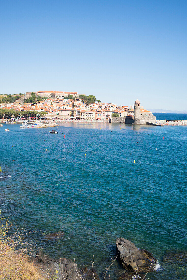 Bucht von Collioure, Côte Vermeille, Mittelmeer, Pyrénées Orientales, Occitanie, Languedoc-Roussillon, Frankreich