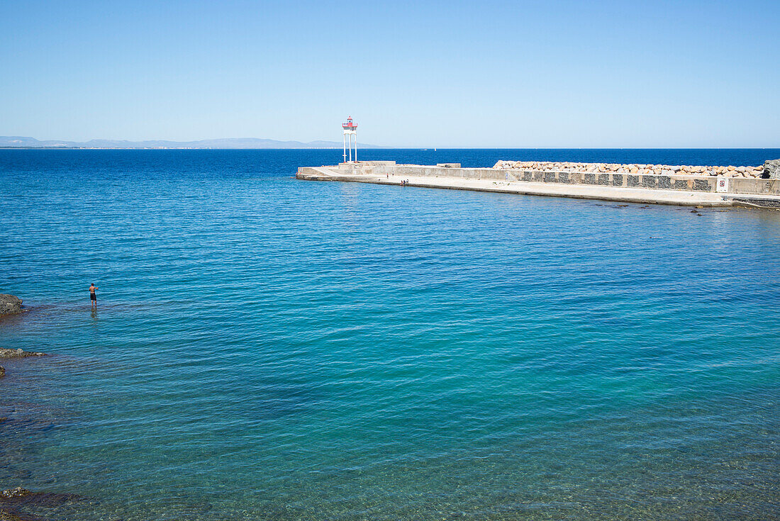 Port entrance with lighthouse, Port-Vendres, Côte Vermeille, Mediterranean Sea, Pyrénées Orientales, Occitanie, Languedoc Roussillon, France