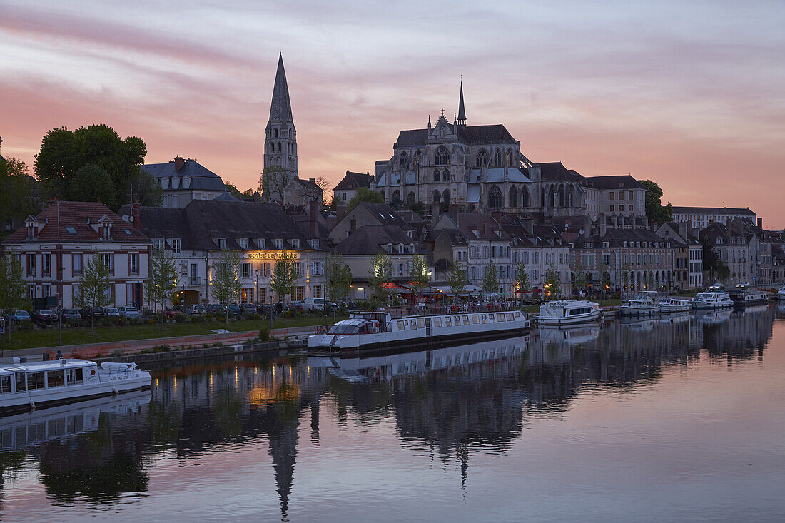 View across the river Yonne at Saint-Germain Abbey at Auxerre , Sunset , Departement Yonne , Burgundy , France , Europe