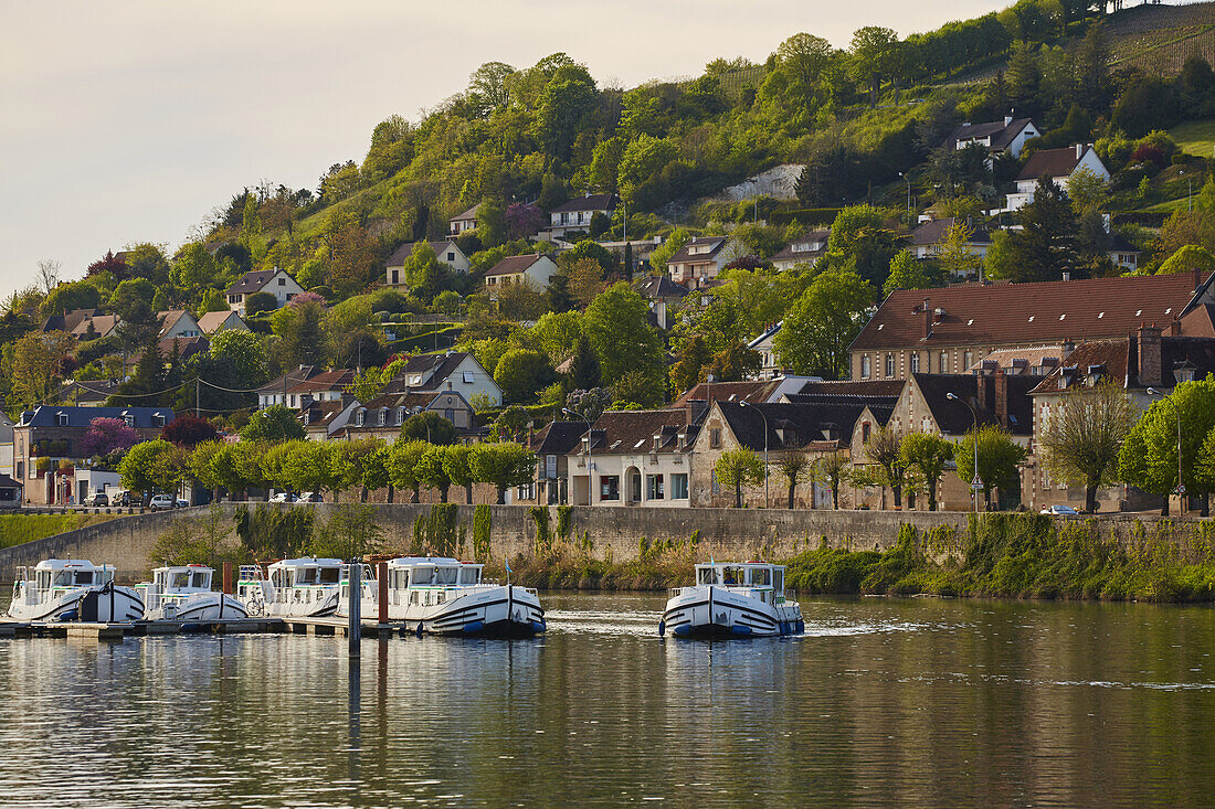 Blick auf die Basisstation von Locaboat und über die Yonne auf Joigny , Dept. Yonne , Region Burgund , Frankreich , Europa