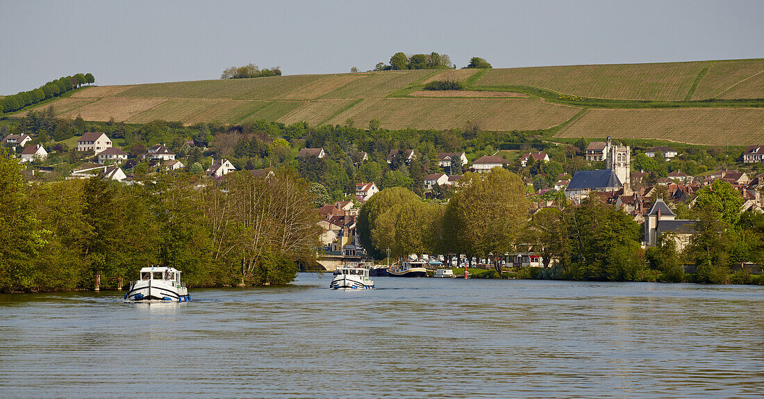 Houseboats on the river Yonne near Joigny , Departement Yonne , Burgundy , France , Europe