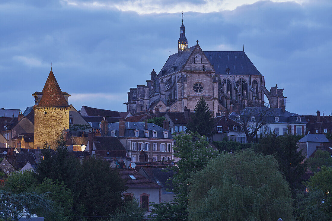 View at Saint-Florentin church and the bell tower at Saint-Florentin , Saint-Florentin , Canal de Bourgogne , Departement Yonne , Burgundy , France , Europe