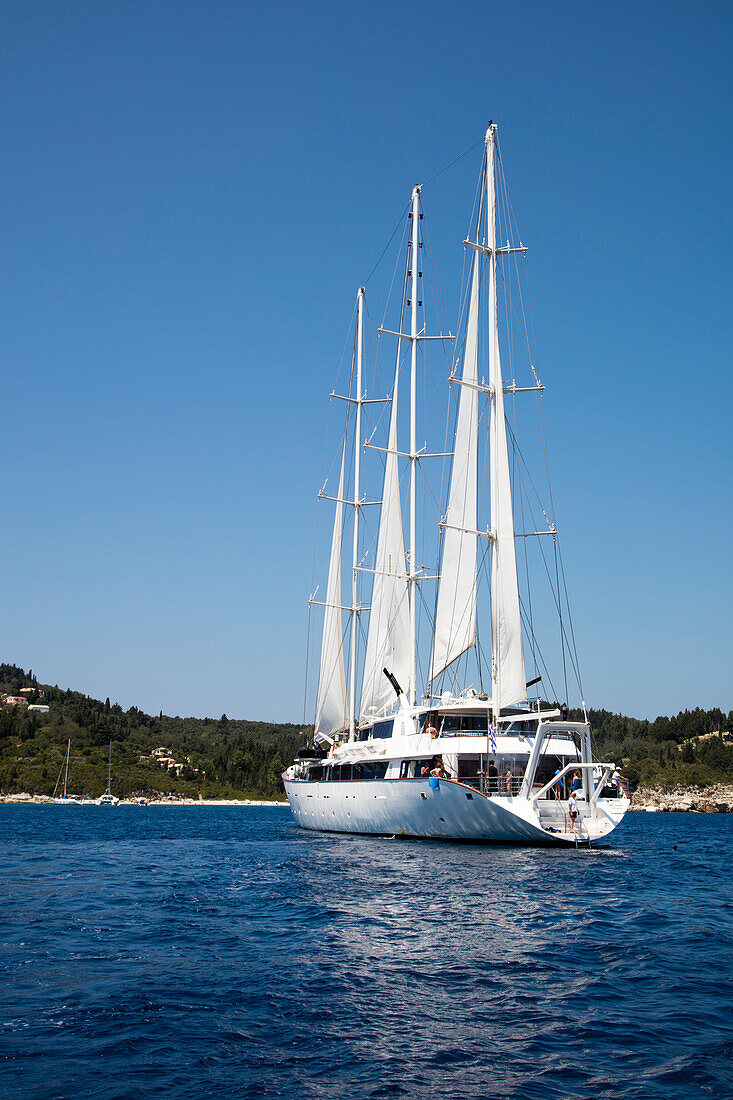 Motor sailing cruise ship M/S Panorama (Variety Cruises) under full sail, Paxos, Ionian Islands, Greece