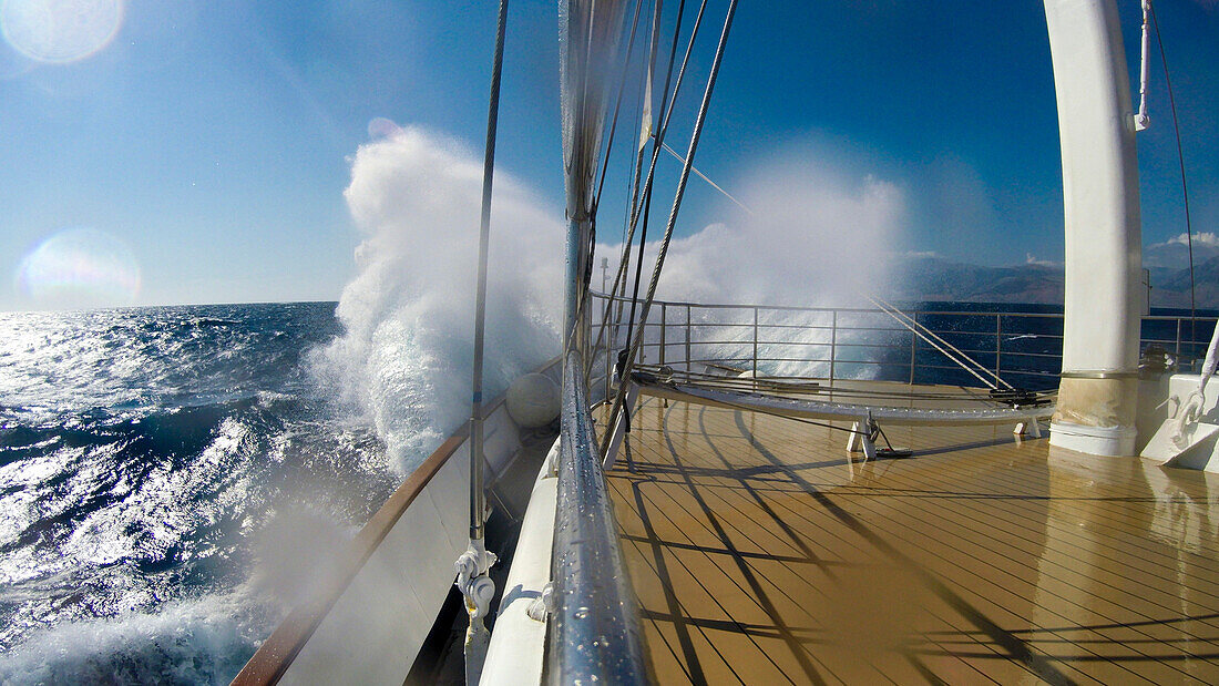 Waves crash across bow of motor sailing cruise ship M/S Panorama (Variety Cruises) during choppy seas, Adriatic Sea, near Albania