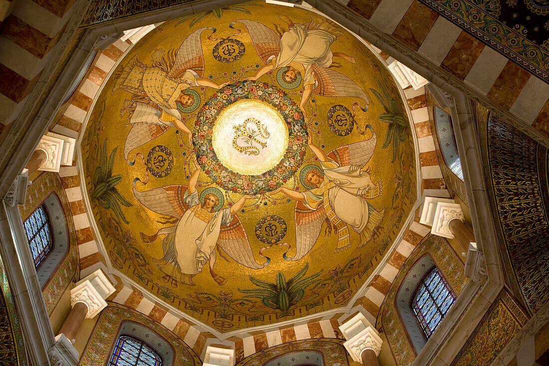 France, Bouches du Rhone, Marseille, interior of Notre Dame de la Garde Basilica, la Bonne Mere, mosaic restored in 2007 by Michel Patrizio, cupola of the chancel