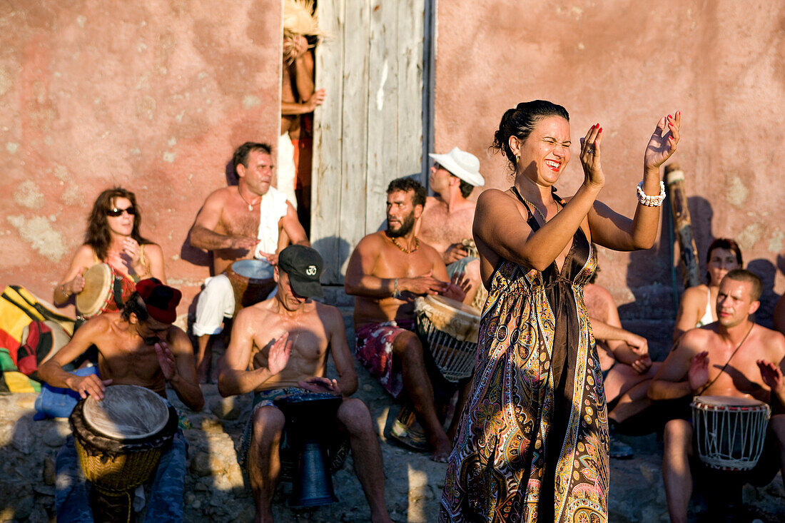 Spain, Balearic Islands, Ibiza island, Benniras beach, during summer, drum concerts are taking place every sunday afternoon