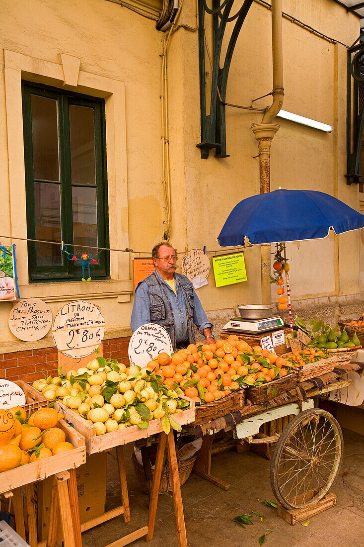 France, Alpes Maritimes, Menton, market in front of the municipal covered market