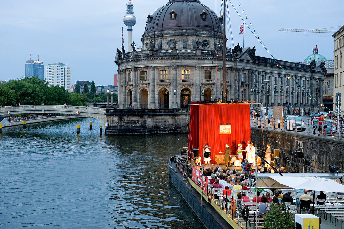 Germany, Berlin, Museum Island, listed as Wolrd Heriatge by UNESCO, theater on a barge and the Bode Museum in the background