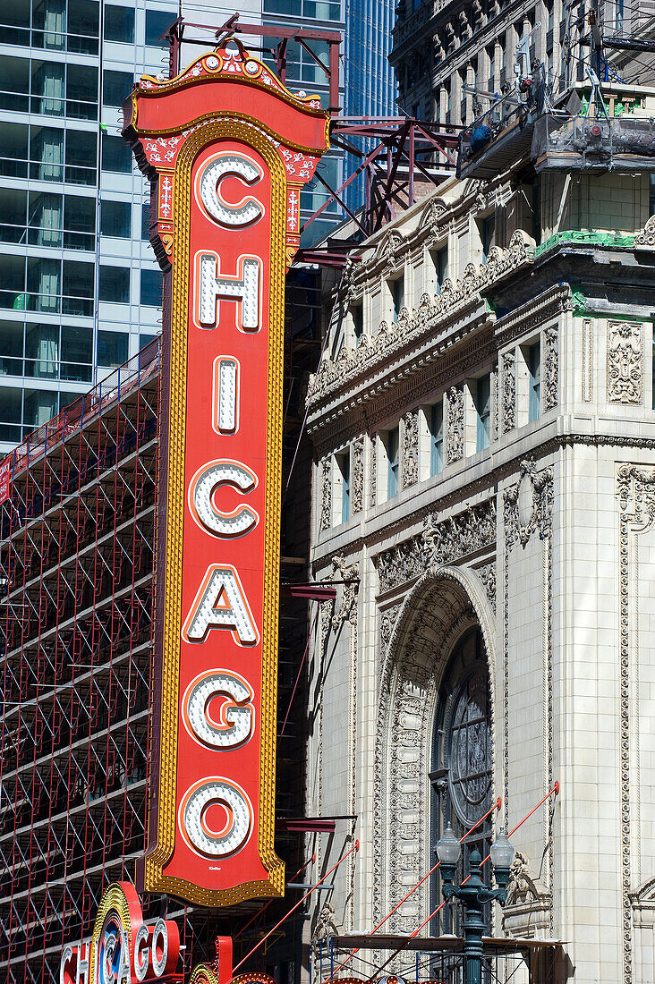 United States, Illinois, Chicago, Loop District, the Chicago Theater built in 1921, former vaudeville theatre and cinema