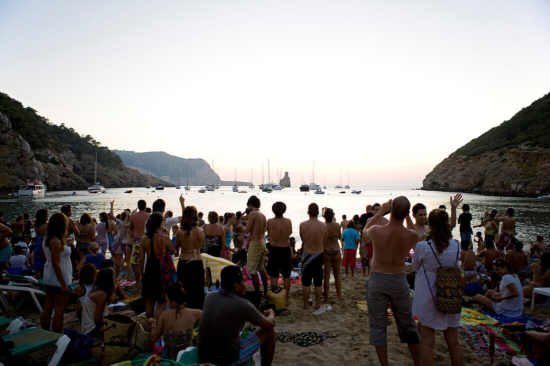 Spain, Balearic Islands, Ibiza island, Benniras beach, during summer, drum concerts are taking place every sunday afternoon