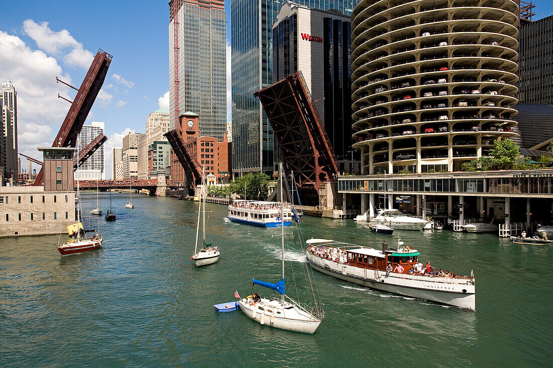 United States, Illinois, Chicago, Chicago River, raised lift bridges to let sailboats crossing