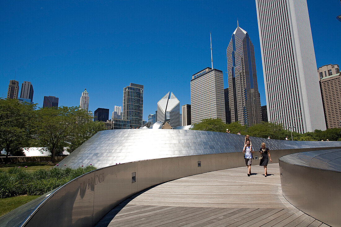 United States, Illinois, Chicago, Millennium Park, skyscrapers of Loop District seen from BP Bridge